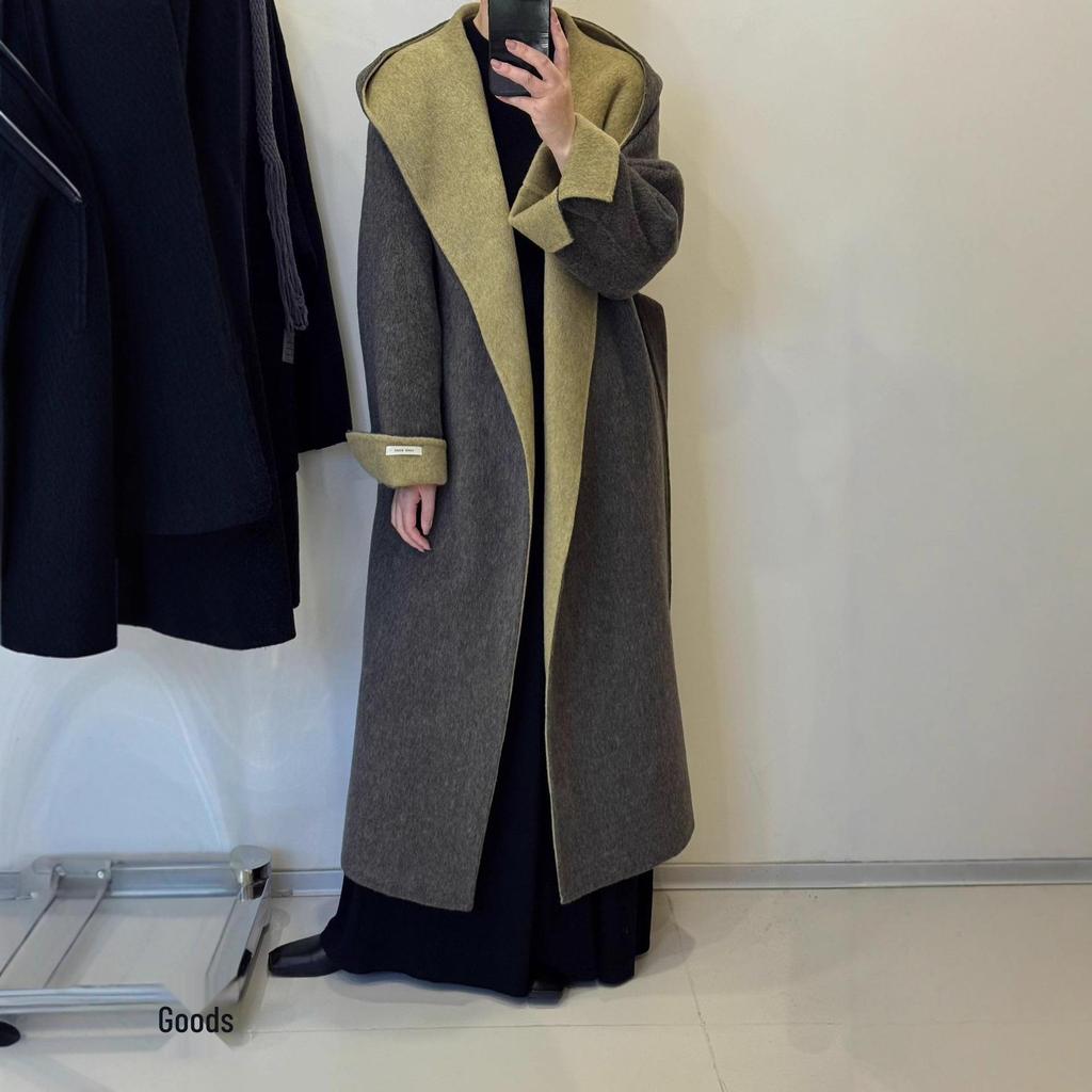 Cloud Floss Women's Double-Faced Wool Coat: Tie-Waist Hooded, Large Lapel, Loose Fit, Thickened Temperament Overcoat.