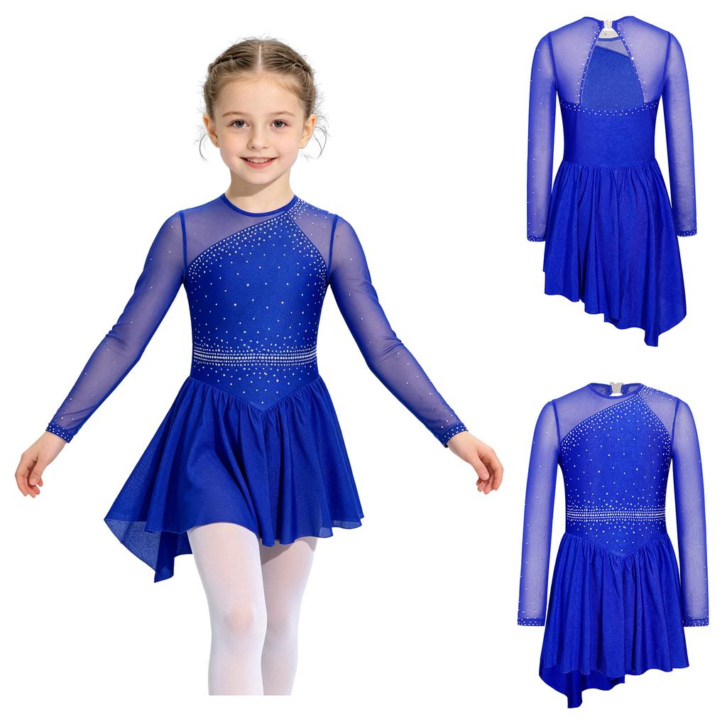 Long Sleeve Cutout Back Asymmetrical Hem Mesh Patchwork Dress with Rhinestones for Girls Figure Skating Competition Stage Show