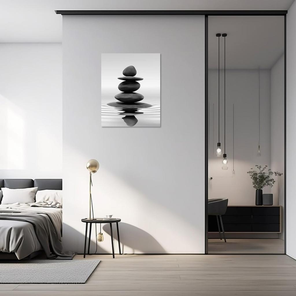 LZIMU Black and White Zen Wall Art Stones in Water Pictures Print on Canvas for Bathroom Yoga Meditation Spa Room Living Room Bedroom Wall