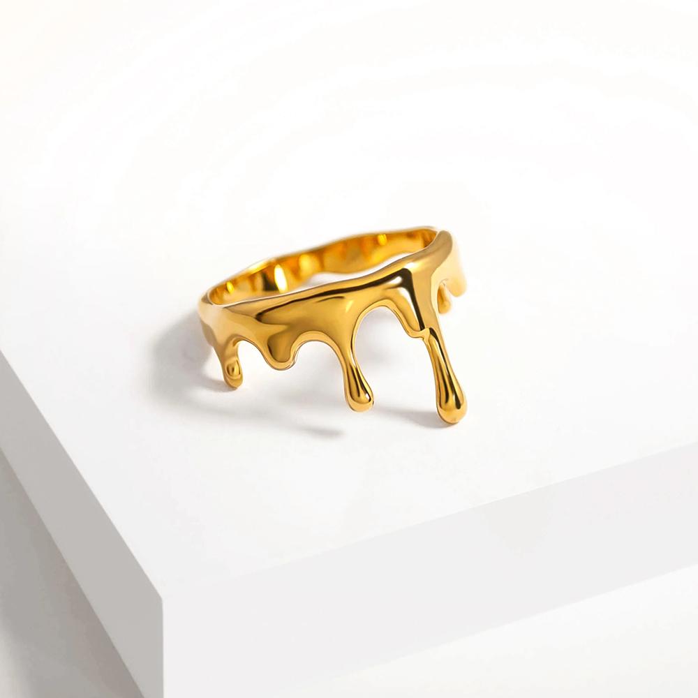 

Vintage Gold Color Metal Lava Dripping Rings for Women Creative Irregular Stainless Steel Ring Finger Zircon Waterproof US 6