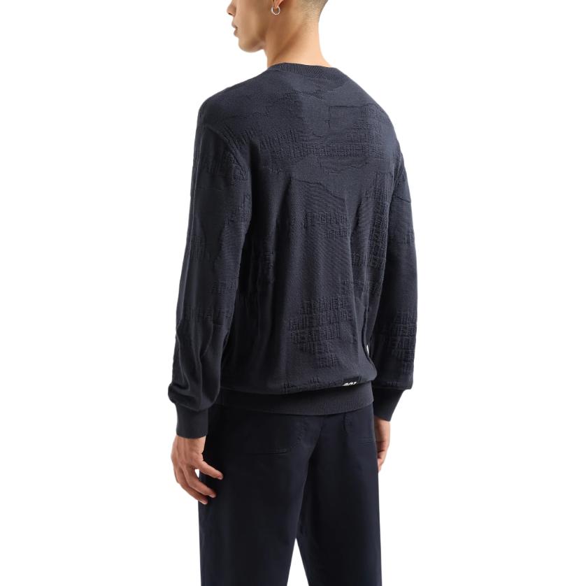 Armani Exchange SS24 Geometric Pattern Loose Fit Round Neck Long Sleeve Knit Sweater Men Sweater Navy-Blue 3DZM6J-ZMQ7Z-55JK