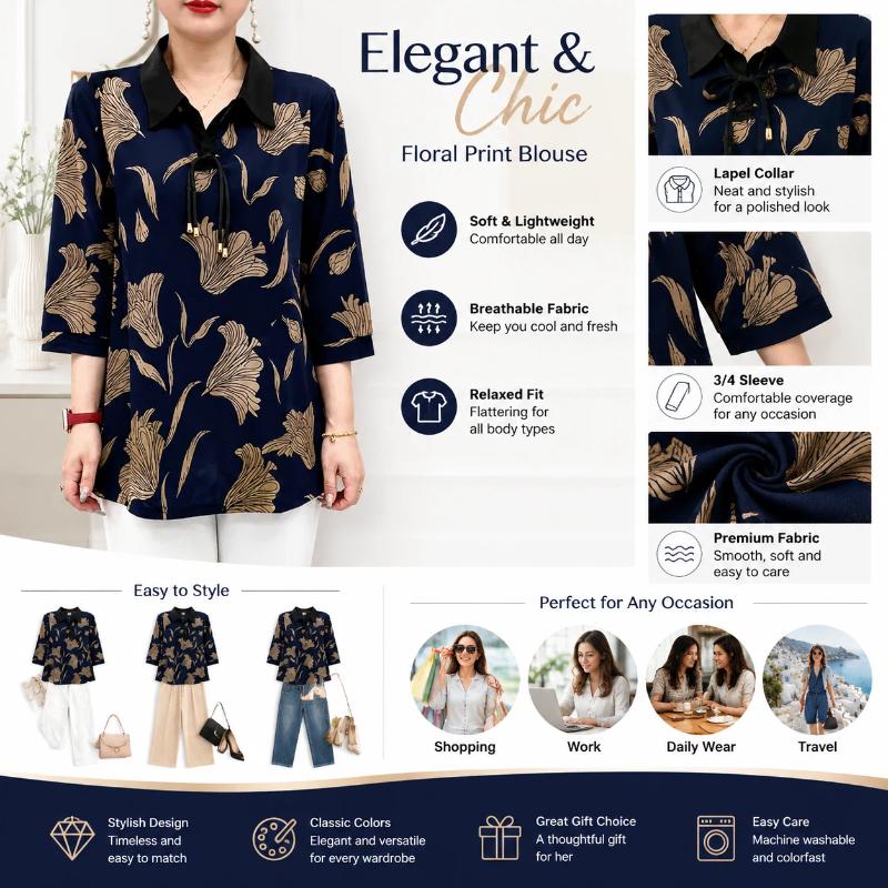 Camiseta de Gola Camisa Solta Plus Size para Mães de Meia-Idade e Idosas Feminina Nova de Verão Estampada Emagrecedora Manga Três Quartos