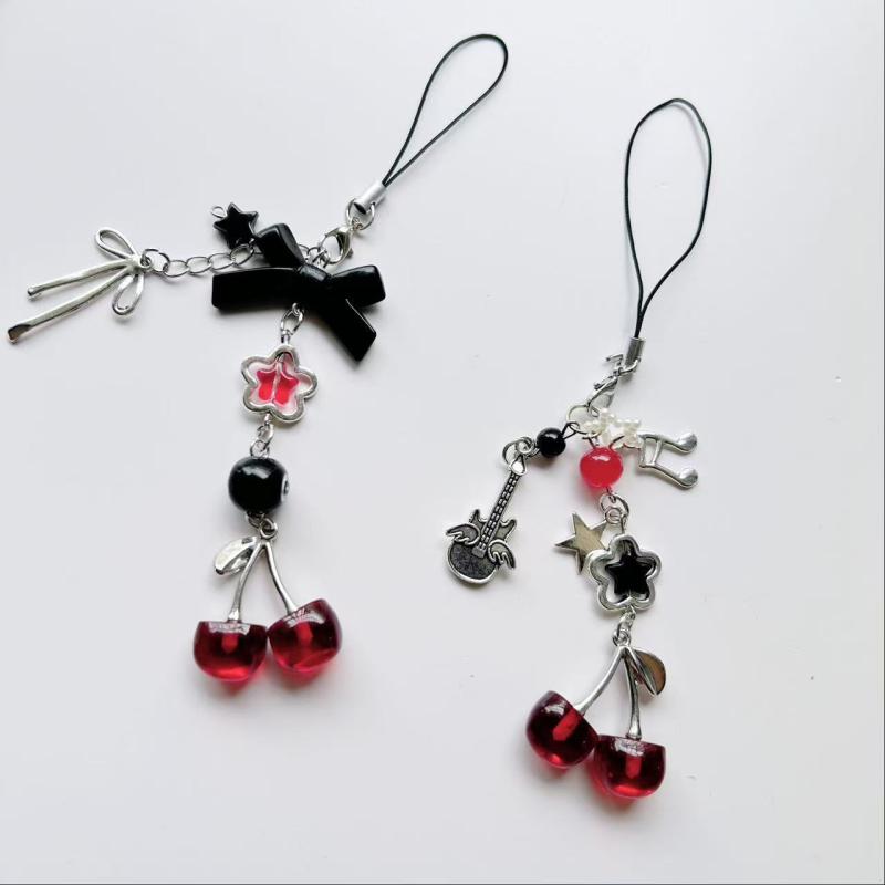 1 Piece Charms Red Cherry Bow Phone Chain Key Ring Y2K Bag Pendant Keychain Accessory Girlfriend Gift