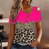 Women Leopard Print Stitching Print Cold Shoulder Short Sleeve T Shirt Irregular Cutout Neck Casual Summer Blouse Top
