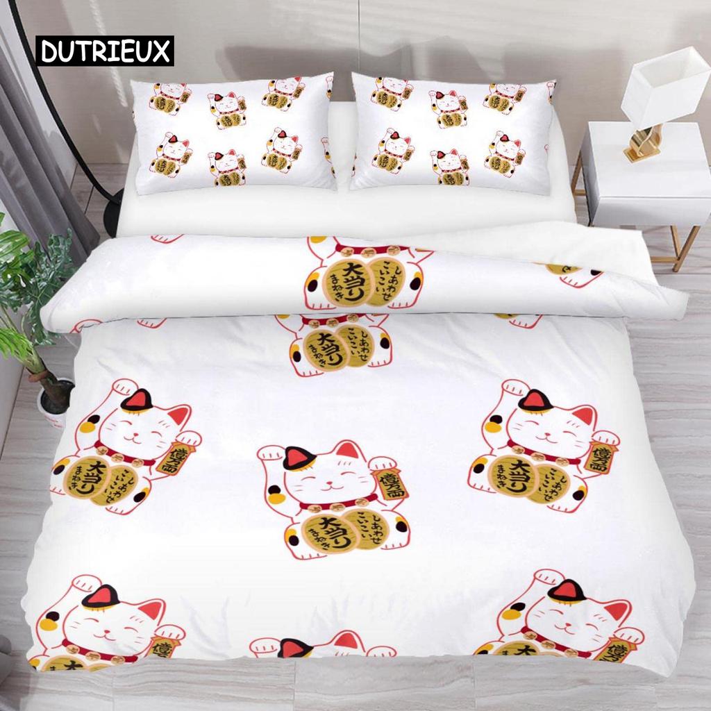 Japanese Lucky Cat Duvet Cover Set Kawaii Cats Bedding Set for Kids Boys Girls Exotic Style Black White Kitten Comforter Cover