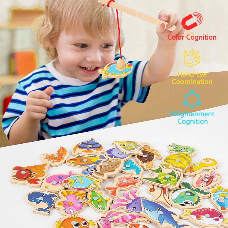 1 Set Montessori Marine Cognition Hand Eye Coordination Wooden Magnetic Fishing Toy Kids Early Educational Toys Birthday Gifts