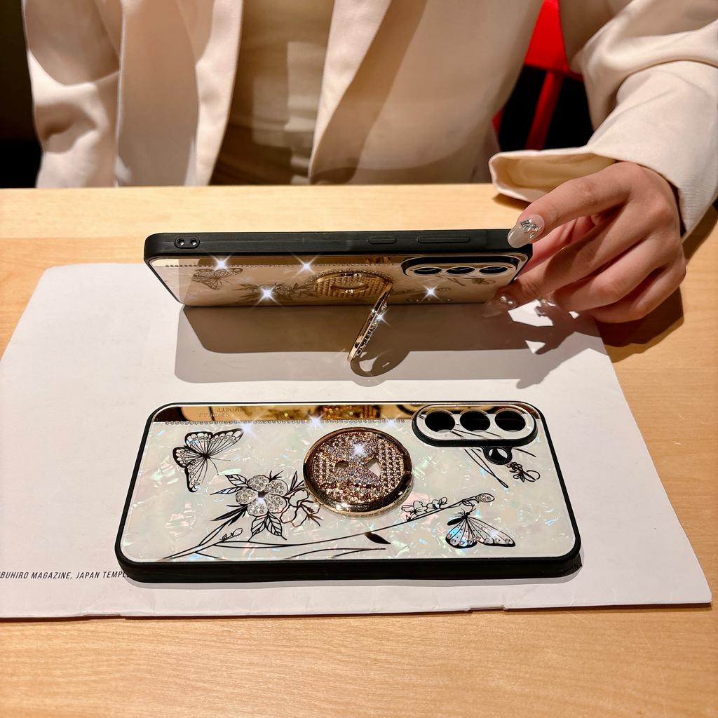 Pro Samsung Galaxy A36 5G Pouzdro Kamínky Dekor Stojánek TPU+PC Motýl Květinový Kryt na Telefon