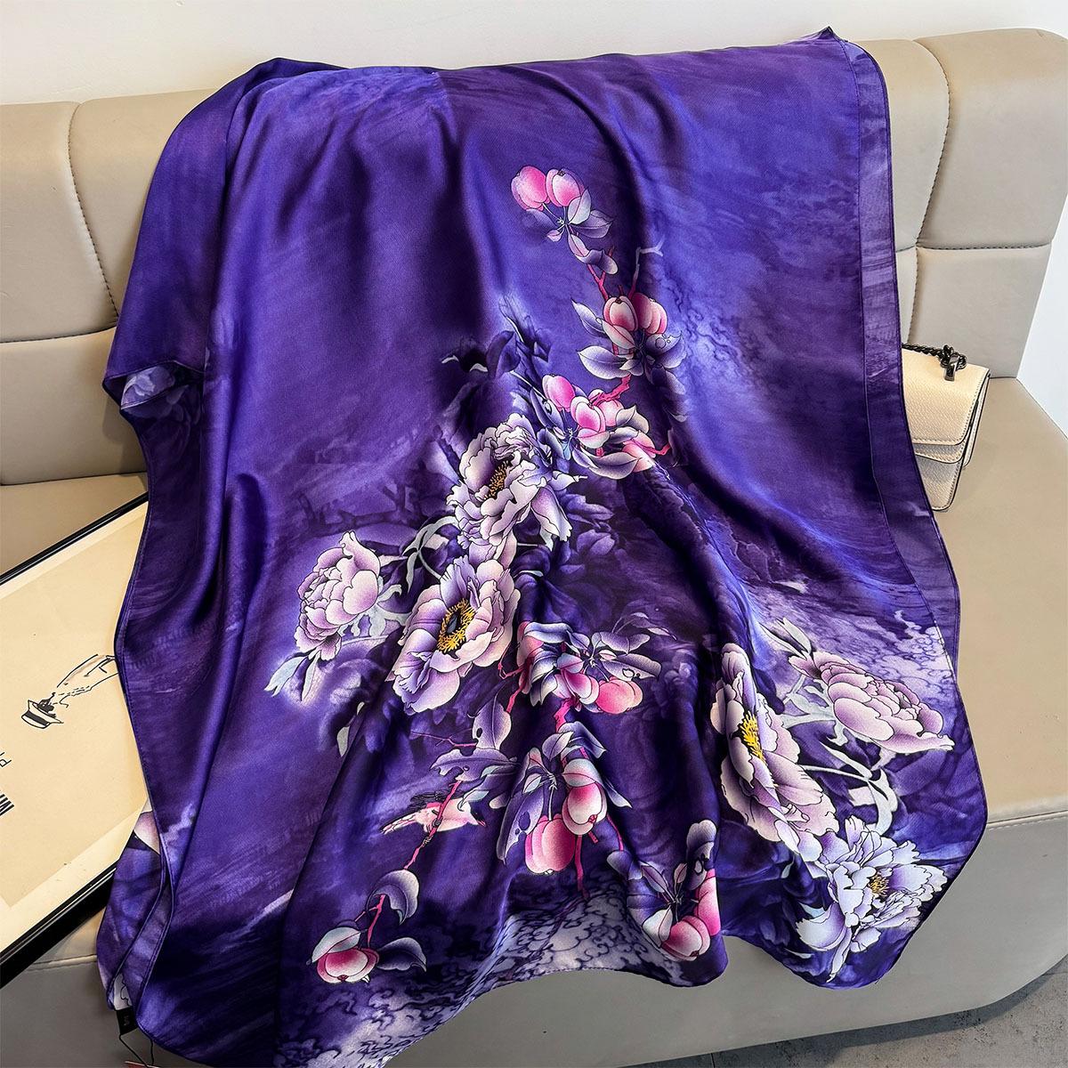 

Luxury Brand Women Summer Silk Scarves Purple Flowers Print Shawls Wraps Soft Female Beach Bandanna Foulard Muffler Scarf 75-175cm