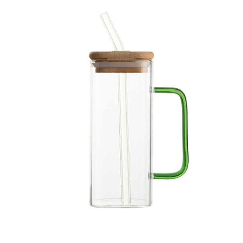 Glass Water Cup Milk Cup Tea Cup Breakfast Beverage Cup High Borosilicate Square Color Handle Glass Water Cup