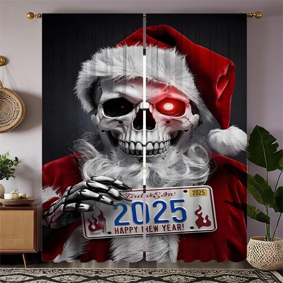 

Set Of 2 Christmas Santa Claus Tree Pattern Printed Curtains Decorations Home Room Curtain Made Polyester W100*H70(CM)-Hooks&1PCS
