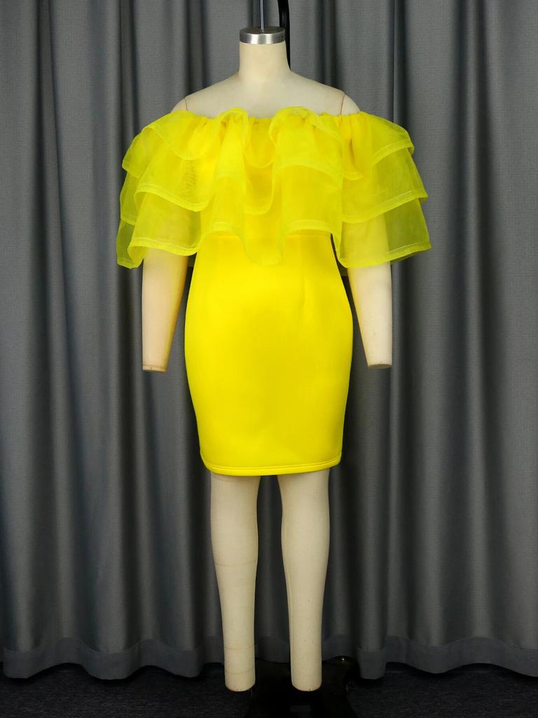 AOMEI Off Shoulder Party Dresses Yellow Sheer Tulle Ruffles Sexy Bodycon Mini Evening Cocktail Gowns for Women