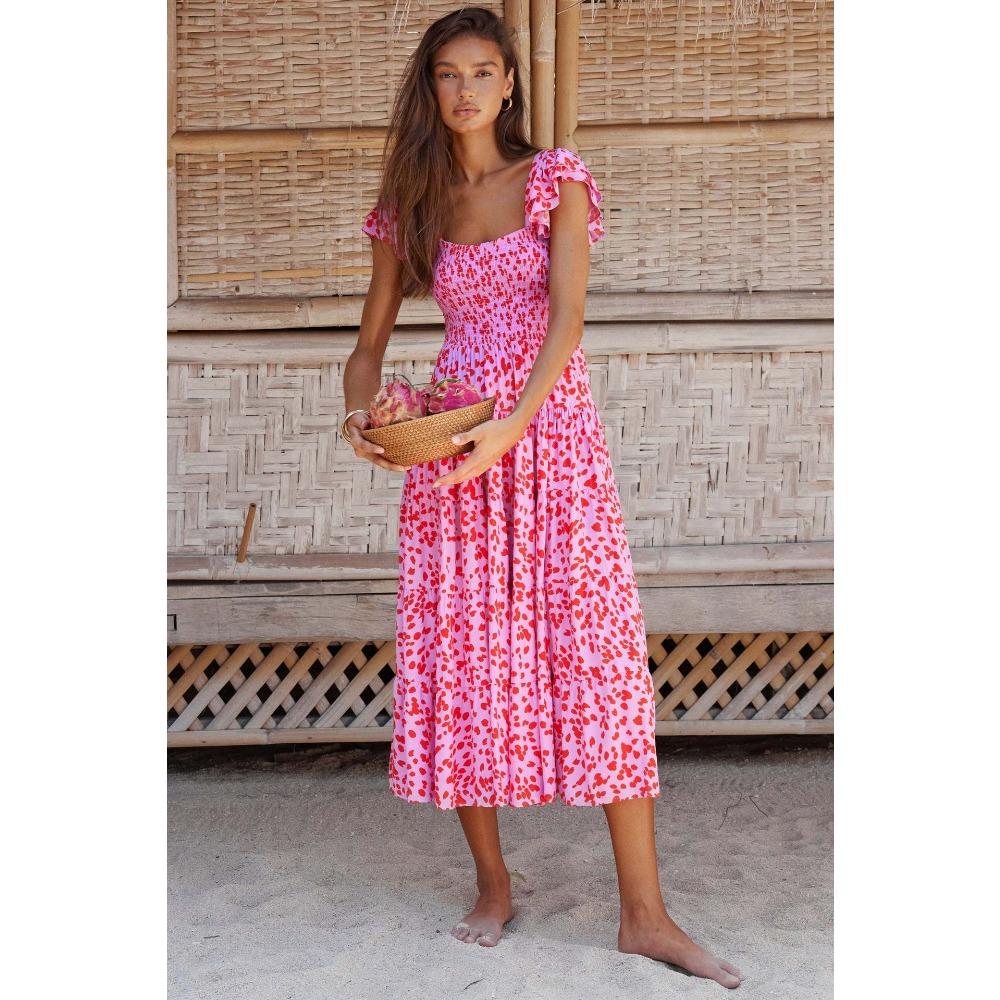 Women's Summer Short Sleeve Square Neck Long Dress