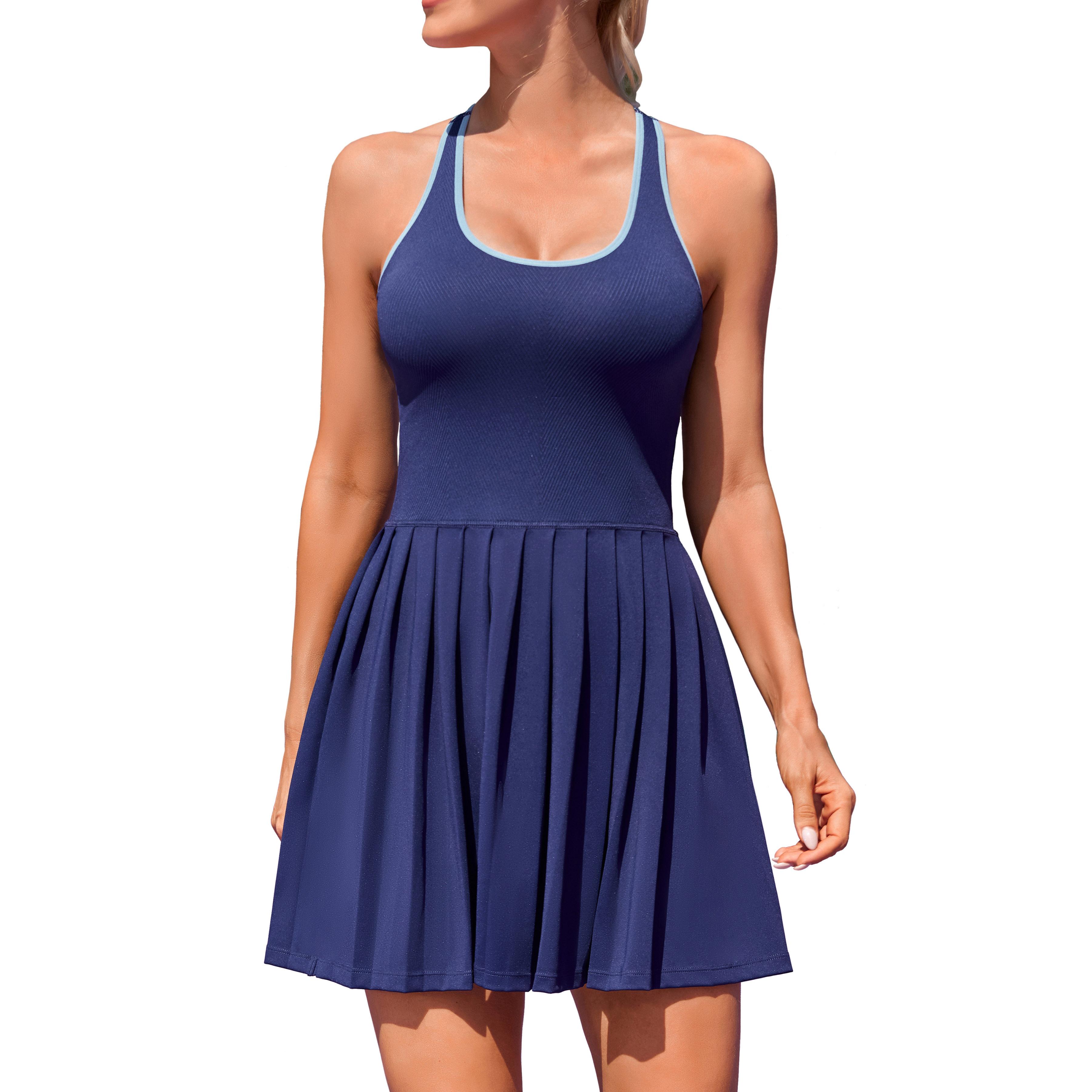 

CHARMLEAKS Женское теннисное платье со встроенными шортами и бюстгальтером, плиссированное платье для гольфа, бесшовное спортивное платье XL темно-синий