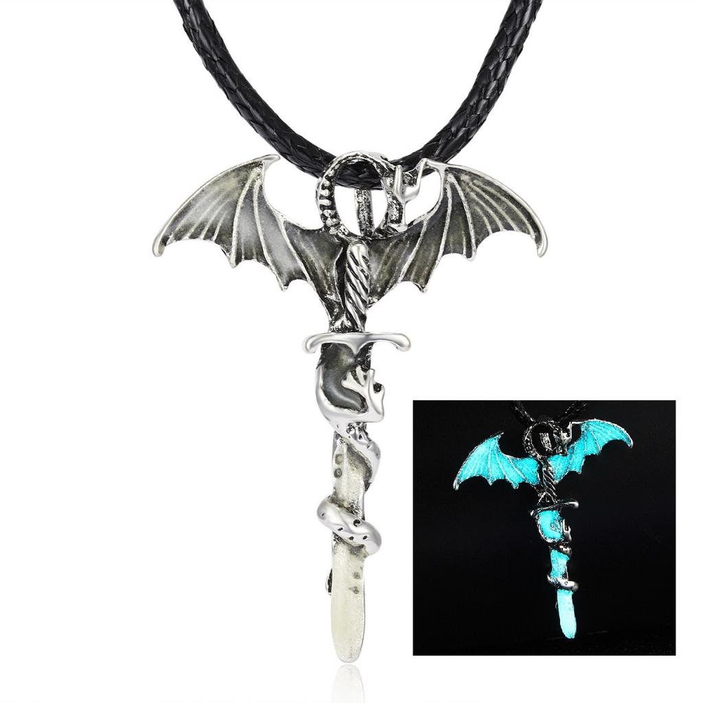 Vintage  Luminous Flying Dragon Cross Pendant Necklace For Men Women Punk Glow In Dark Animal Choker Halloween Jewelry