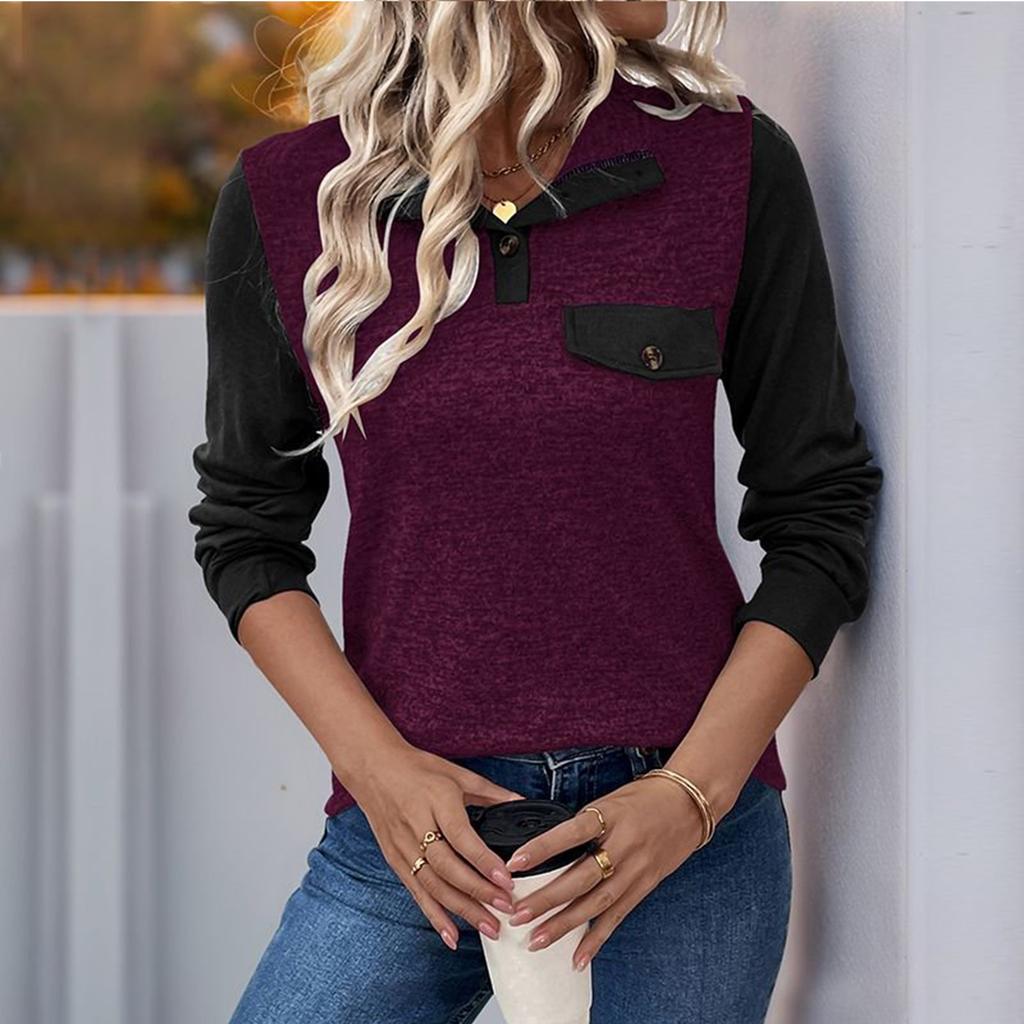 Women's Contrast Color Stitching Top Pullover Lapel Button Casual All-match Top