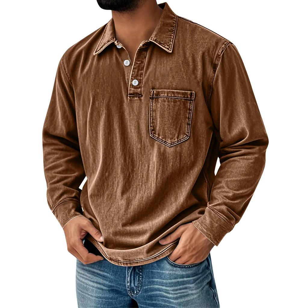 Men's Solid Color T-Shirt Washed Sports Button Pocket Lapel Collar Long Sleeve Tops