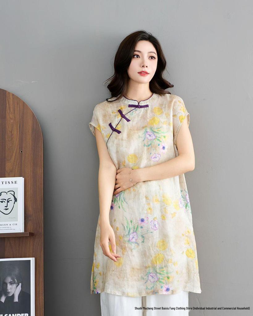 2026 Spring/Summer Women's Elegant Stand Collar Asymmetrical Lapel Shirt with Chinese Tang Dynasty Print