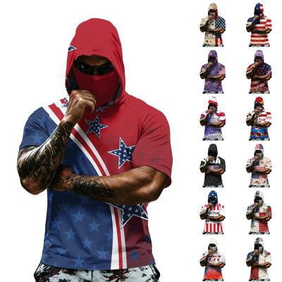 Men's Short Sleeve Hooded T Shirt with Firework and Flag Print Casual Pullover Lightweight Hoodie for Outdoor Activities