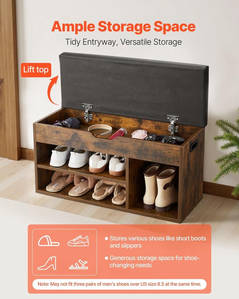 Eingangsbereich Schuhbank, 805 x 305 x 445 mm Schuhaufbewahrungs-Organizer mit verstecktem Klappdeckel-Stauraum, Bank mit 300 lbs Tragkraft, Polstersitz und 3 Schränken für