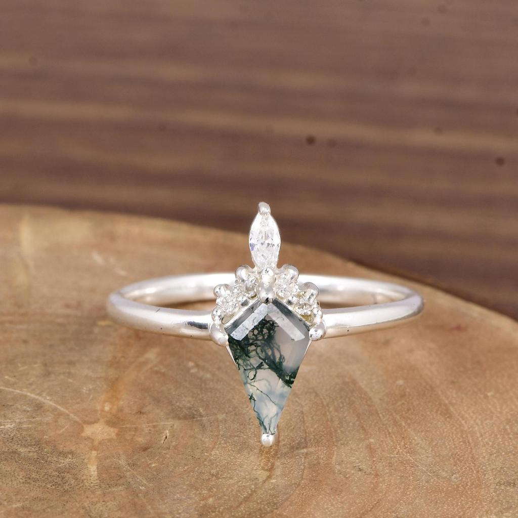 Vintage Moss Agate Promise Ring with CZ Halo | Nature Inspired Sterling Silver Ring | Moss Agate & Cubic Zirconia Engagement Ring