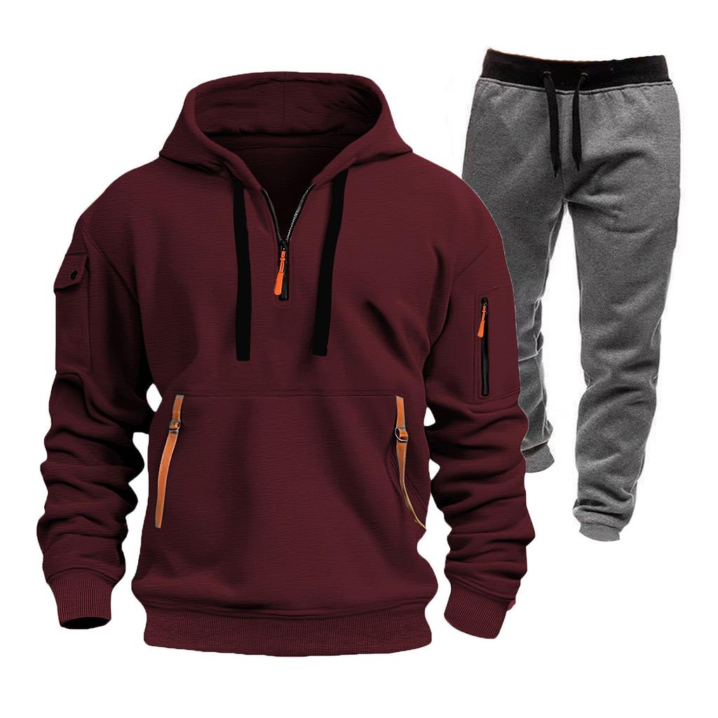 Men's Winter Fleece Multi-pocket Zipper Sweatshirt Suit Personalized Casual Hoodie Suit