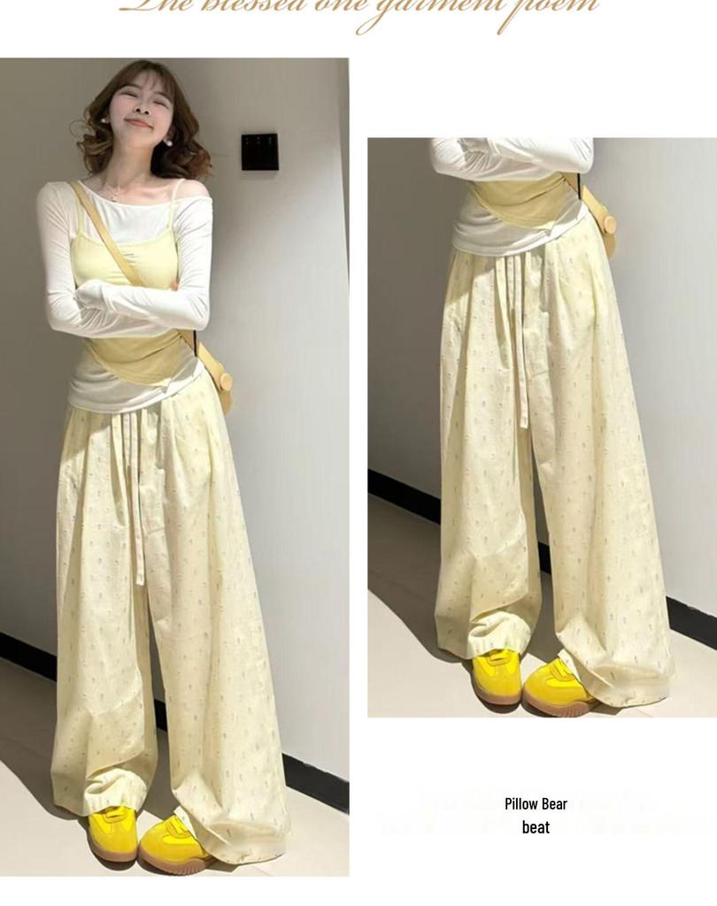 Dopamine Yellow Polka Dot High-Waisted Wide-Leg Pants for Women, Petite, Spring/Autumn 2025, Lightweight, Floor-Length