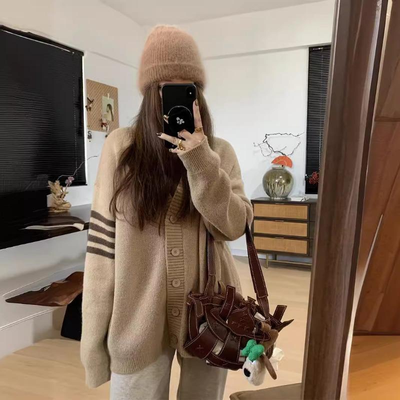 Color Matching Striped V-neck Knitted Cardigan Women's Autumn and Winter New Lazy Wind Loose Outer Sweater Jacket