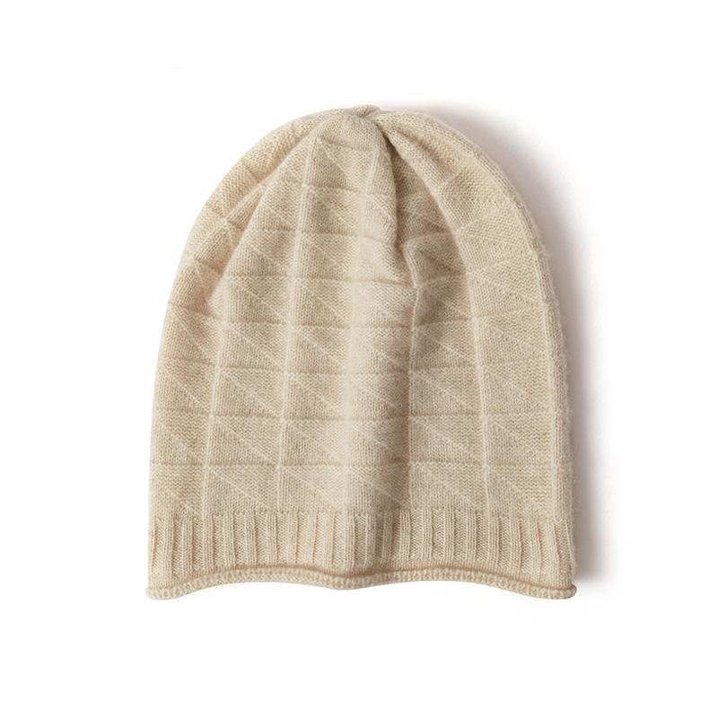 Women 100% Cashmere Beanie Hat Geometric Knit Pattern Mini Rolled Cuff Winter Warm Soft Slouchy Skullies Cold Weather Accessory