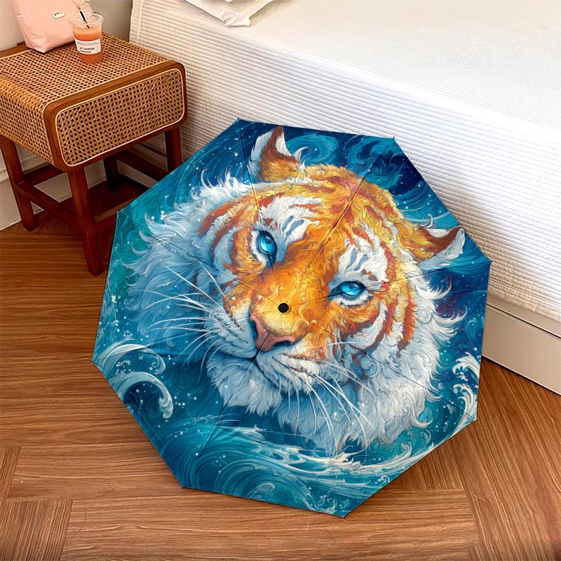 Tiger Head  Pattern, Automatic Folding Umbrella, Portable and Foldable Design, 8 Ribs, a Christmas or Birthday Gift.