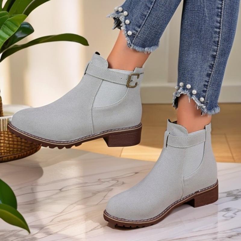 Women Boots 2025Retro Suede Round Head Thick With Belt Buckle Boots EuropeAmerica Wind Casual High Heel Ankle Boots Botas Mujer