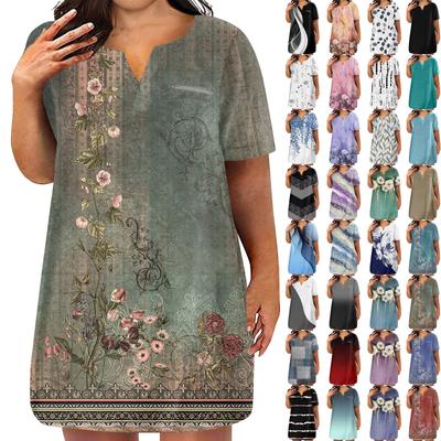 Womens Plus Size Dresses V Neck Short Sleeve Summer Casual Solid Dress Tunic With Pocket