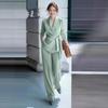 Women's Light Green V-Neck 3/4 Sleeve Belted Suit Set with Wide Leg Pants