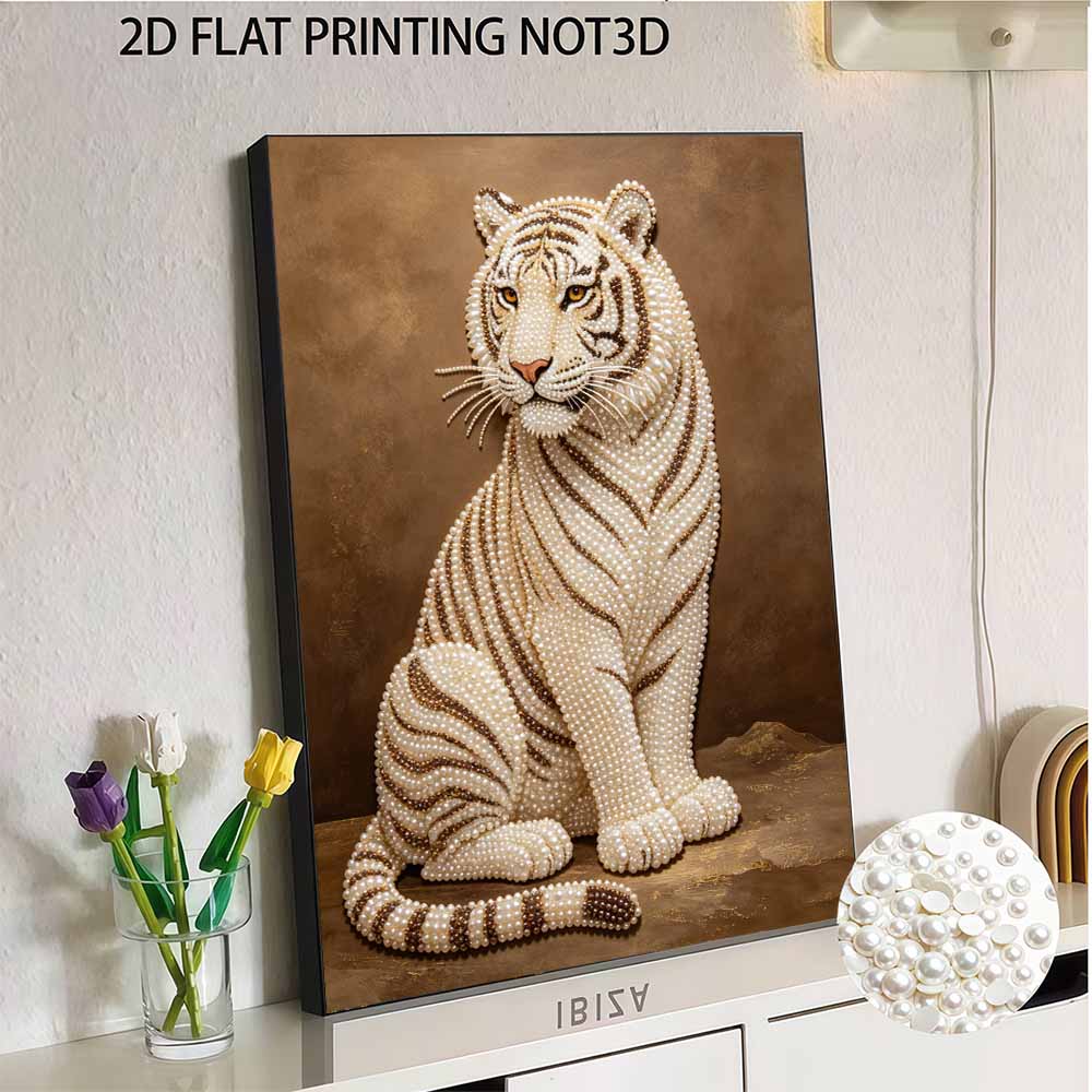 5D DIY Pearl Diamond Painting Kit Majestic White Tiger Full Drill Embroidery Mosaic Art Home Wall Decor Gift