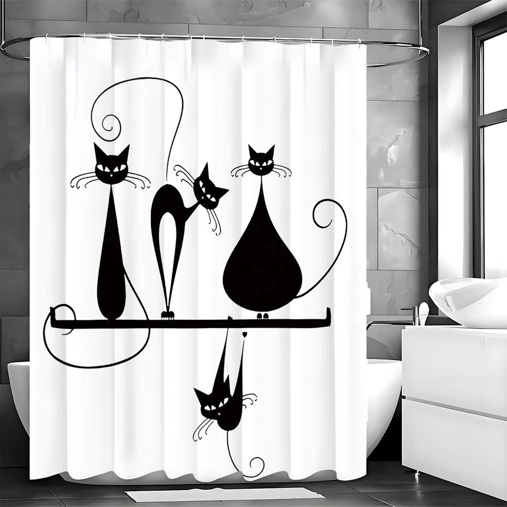 Black Cartoon Cat Shower Curtain, Bathroom Decorative Shower Curtain, Waterproof Shower Curtain with Hooks