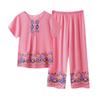 2 Pcs/Set Women T-shirt Pants Set Flower Print Round Neck Short Sleeves Elastic Waist Wide Leg Sleeping Loose Button Decor Plus Size Mom Nighty