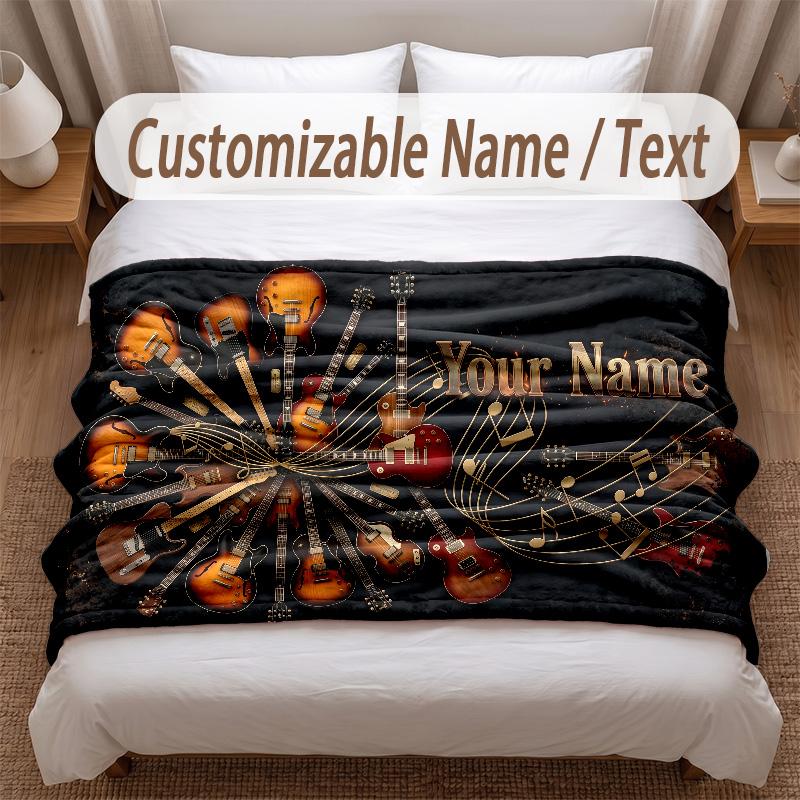 Music Guitar Theme Soft Blanket Personalized Custom Name Text Print Warm Blanket Home Sofa Bedroom Decor
