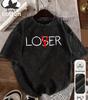 Design Womens Tshirt with Retro Vintage Craftsmanship and Creative LOSER Red Vletter Print Loose and Slimming Short Sleeves