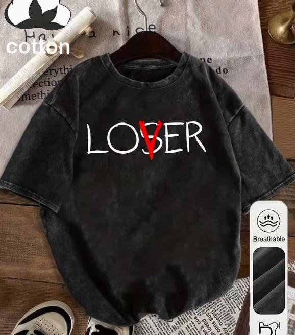 

Design Womens Tshirt with Retro Vintage Craftsmanship and Creative LOSER Red Vletter Print Loose and Slimming Short Sleeves S