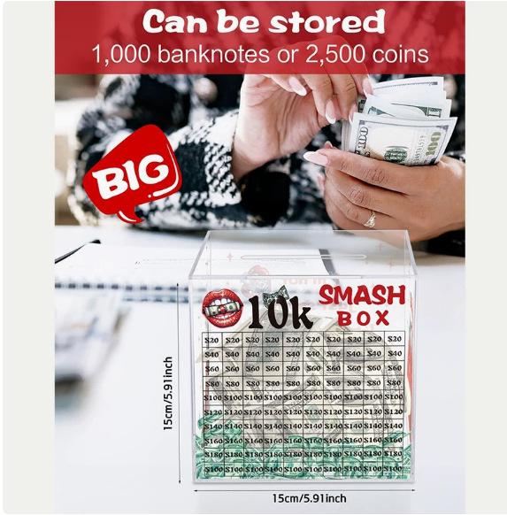 TK Budget Planner: 10k Acrylic Cash Savings Box - Transparent Money Storage