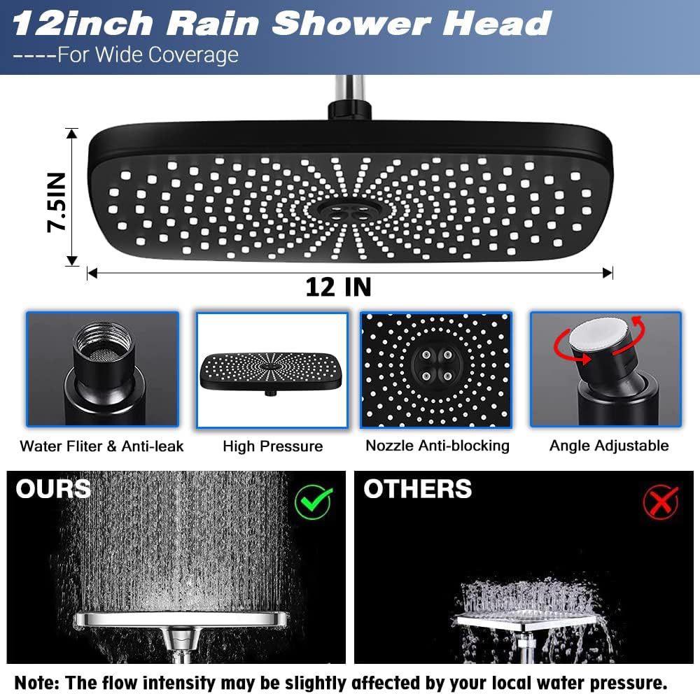 Concealed Shower Set: 12" Square Top Spray with 3-Function Handheld Shower Head (Jet & Water Functions)