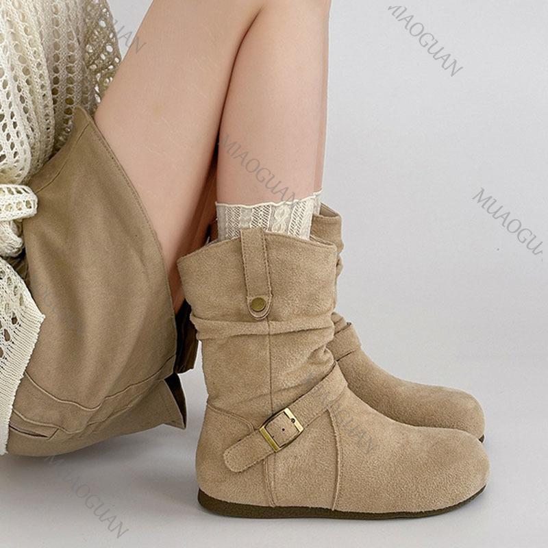 Fashion Retro Suede Buckle Western Boots Fashion Casual Ladies Flat Bottom Slip On Solid Color Short Botines Spring Autumn Women's Shoes