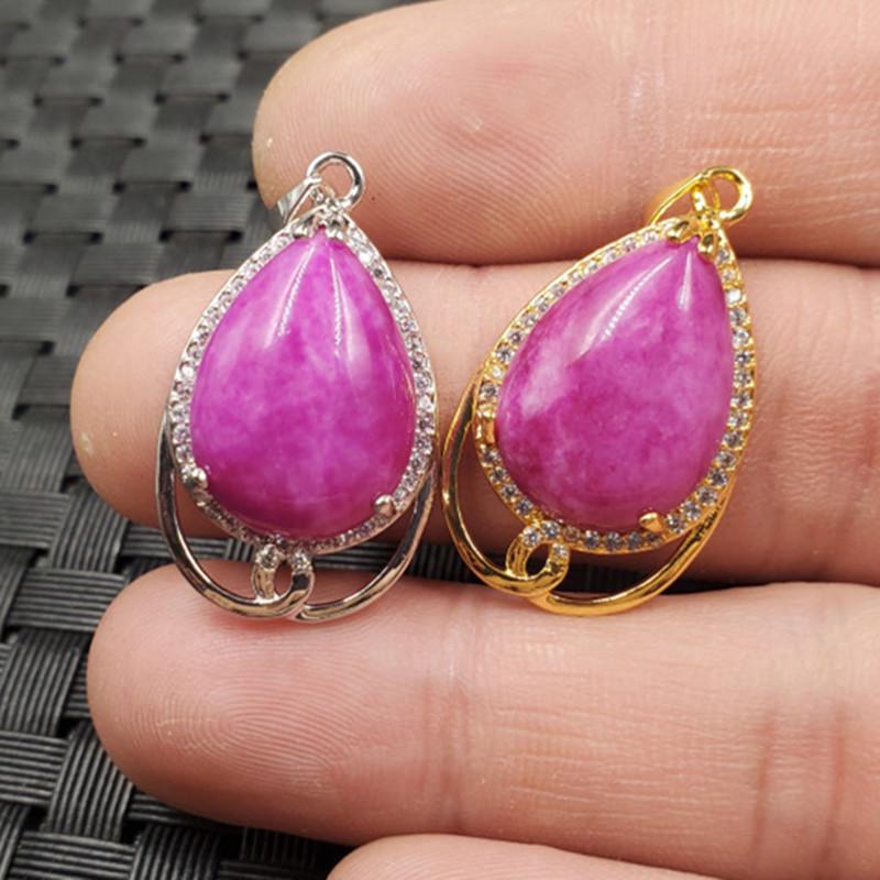 Peach Blossom Pink Jade Water Drop Necklace Pendant Gold 18x24mm