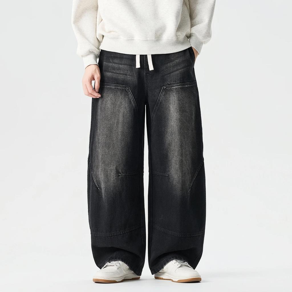 2026 Spring Men Black Denim Pants Men Vintage Elastic Waist Jeans Pants Male Hip Hop Wide Leg Pants Man Cotton Baggy Trousers
