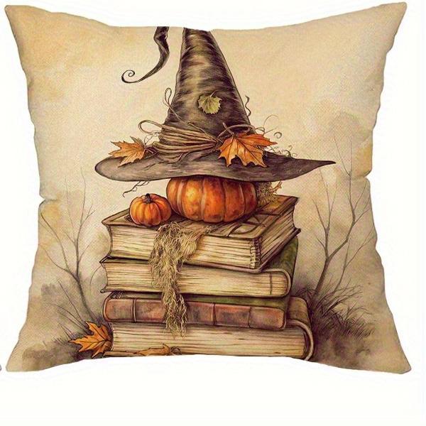 Spooky Halloween Pillow Covers: Cat On Pumpkin, Skull & Lantern, Chair & Raven, Books & Witch Hat Sofa Cushion Cover Gift