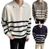 Jesień Zima Męski Sweter Colorblock Paski Kołnierzyk Rozpinany Dzianinowy Luźny Długi Rękaw Luźny Pulower Dzianina Styl Angielski Sweter Szkolny