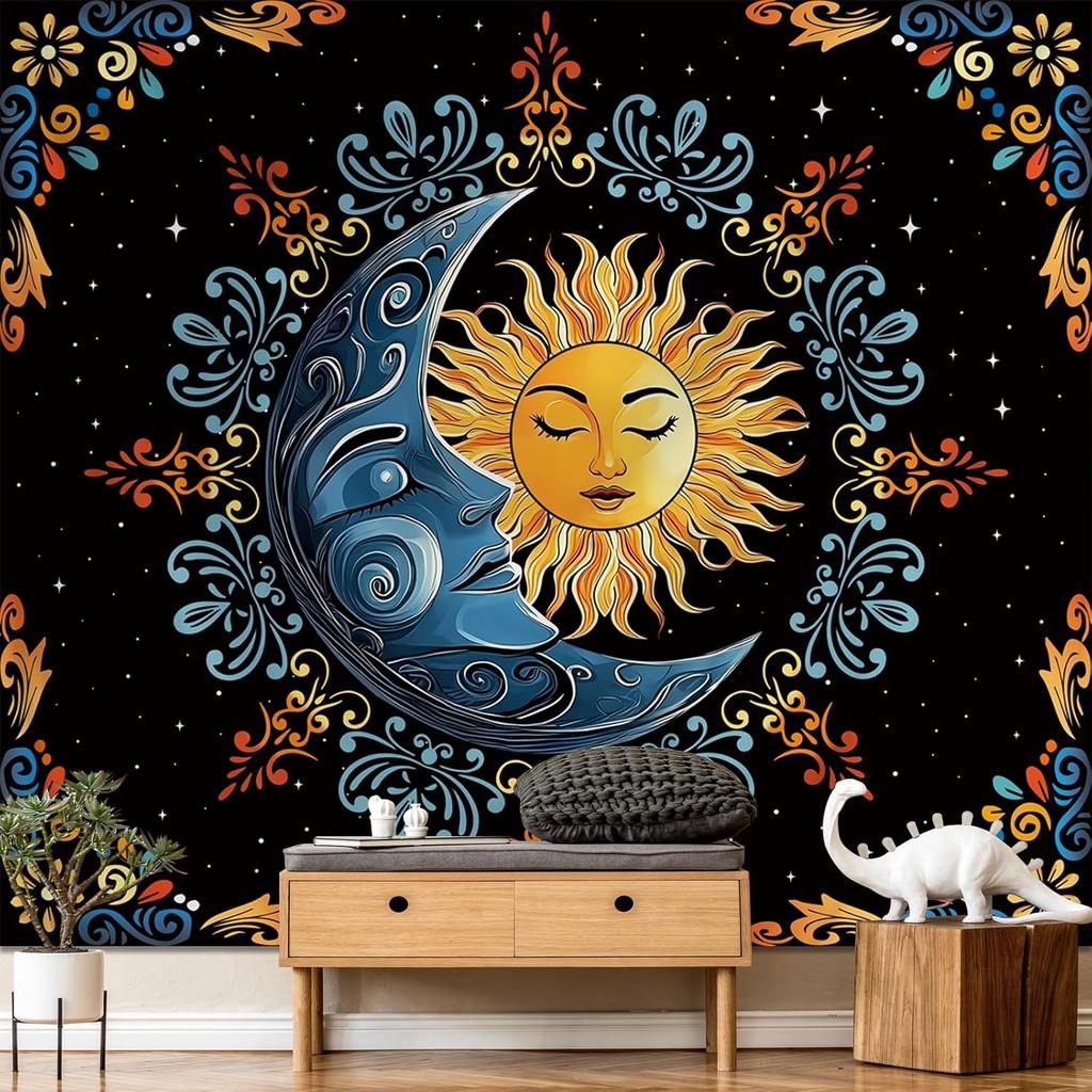 Sun and Moon Tapestry Wall Hanging, Boho Hippie Vintage Celestial Starry Sky Tapestries, Flower and Stars Wall Decor for Bedroom