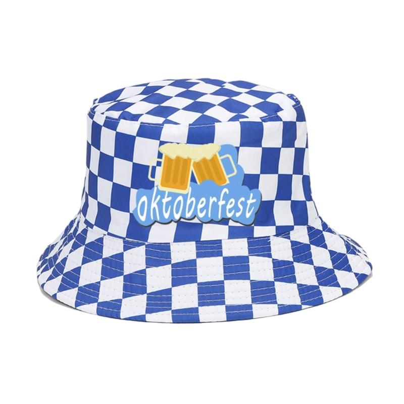 Unisex Reversible Bucket Hat Fisherman Hat for Oktoberfest Breathable Sunshade for Teenagers Checkered Beer Print