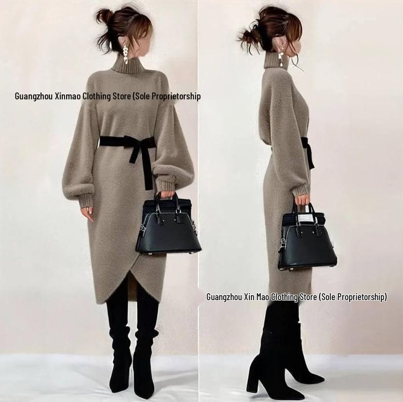 Korean Style High Collar Mid-Length Cashmere Knit Loose Wool Dress for Women