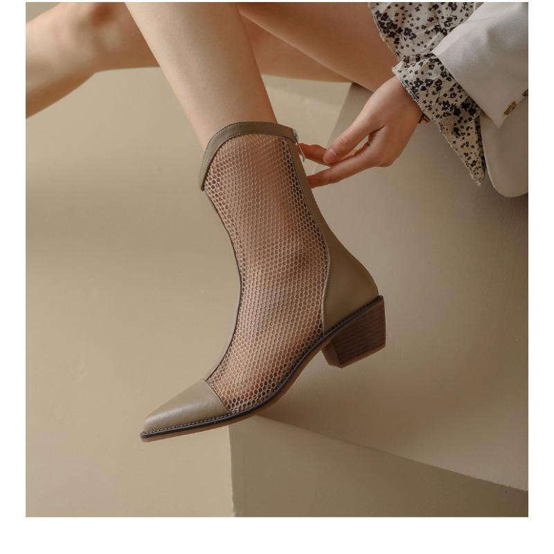Black Hollow Sandals Women 2024 Summer Chunky Heel Pointed Toe Back Zip Mesh Cool Boots Versatile Women Shoes Brown Long Boots