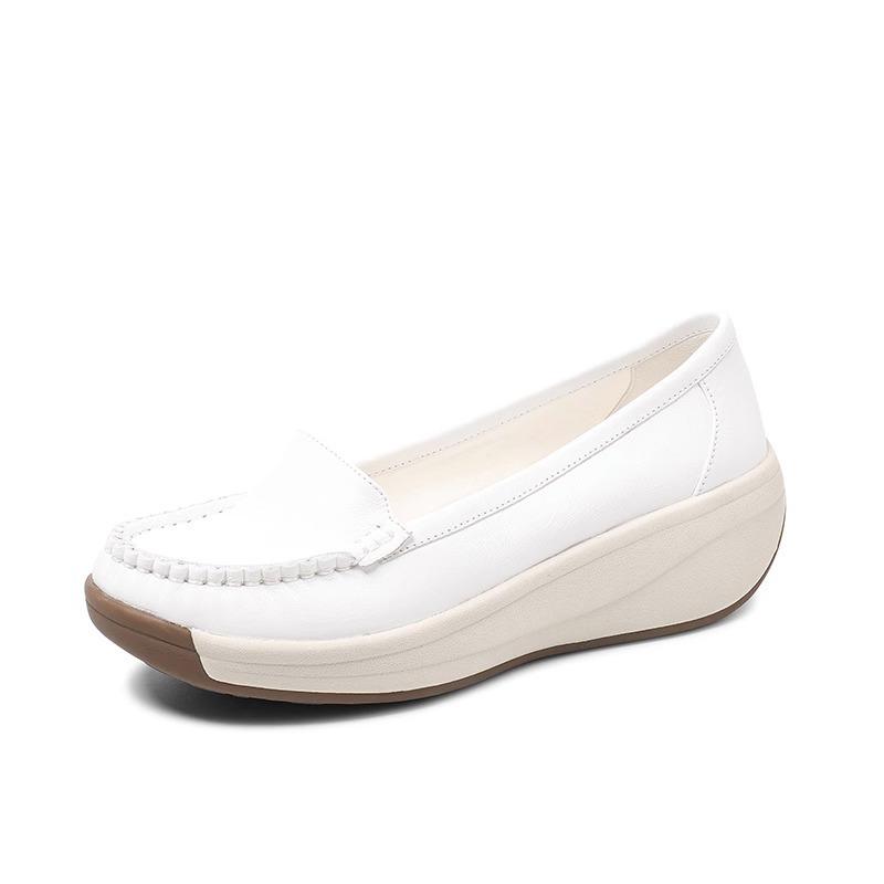 Primavera e outono de 2025 novo salto plataforma sola grossa sola macia sapatos de mãe muffin casuais sapatos brancos pequenos bico baixo sapatos de um só tom mocassins femininos